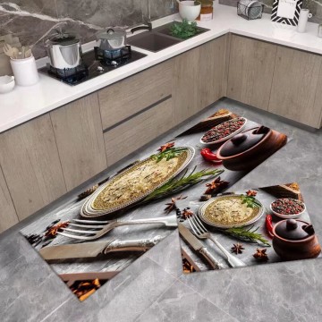 2 Pieces 3D Gourmet Themed Crystal Velvet Kitchen Rug Set, Non - Slip Soft Floor Mat for Kitchen & Dining Space