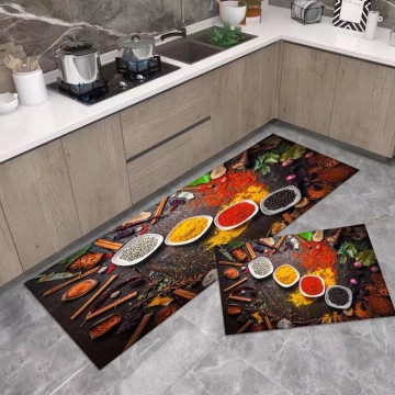 2 Pieces 3D Spice Style Crystal Velvet Kitchen Rug Set, Non - Slip Soft Floor Mat for Kitchen & Cooking Zone