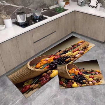 2 Pieces 3D Harvest Fruit Style Crystal Velvet Kitchen Rug Set, Non - Slip Soft Floor Mat for Kitchen & Pantry Area