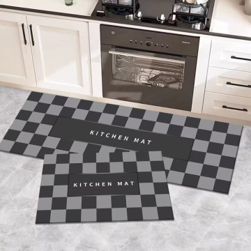 2 Pieces Checkerboard Modern Style Crystal Velvet Kitchen Rug Set, Non - Slip Soft Floor Mat for Kitchen & Modern Decor