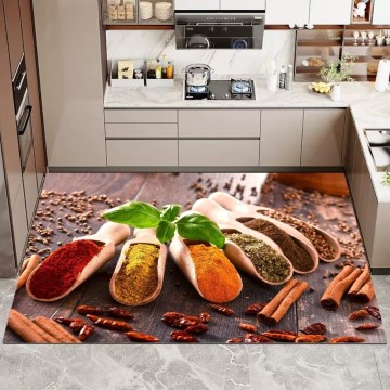 3D Culinary Spices Crystal Velvet Kitchen Rug, Non - Slip Soft Mat for Kitchen & Gourmet Space