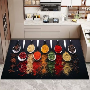 3D Vibrant Spices Design Crystal Velvet Kitchen Rug, Non - Slip Soft Floor Mat for Kitchen Decor