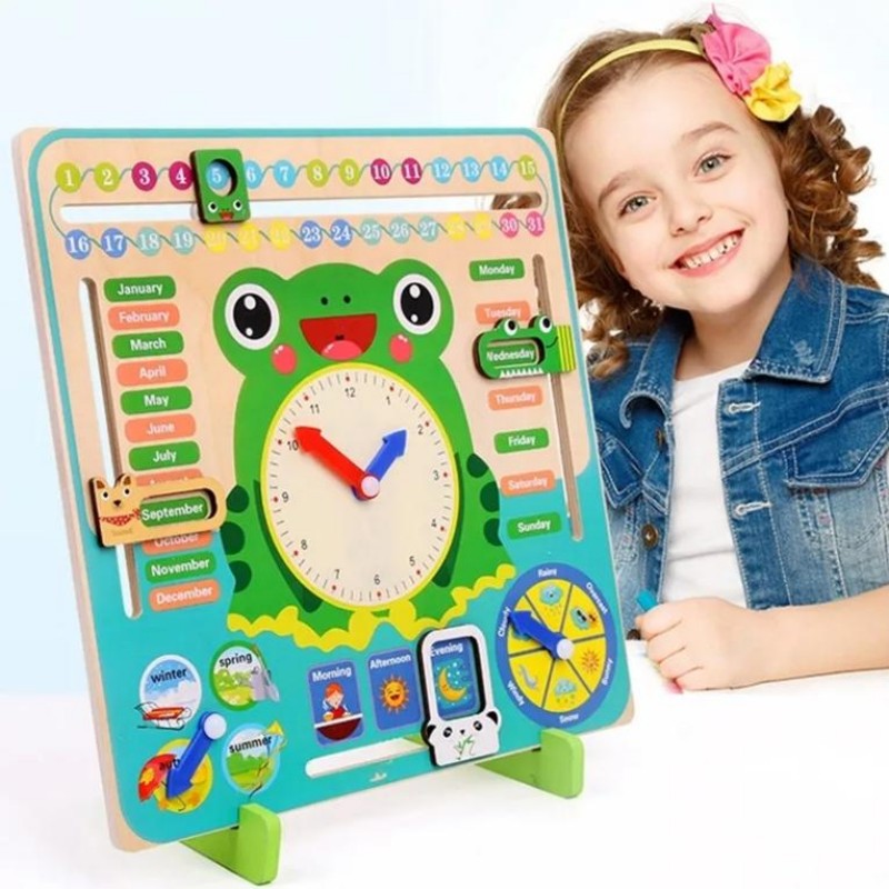 Montessori Wooden Clock Calendar Weather Season Time Week Date Cognitive Preschool Educational Toy