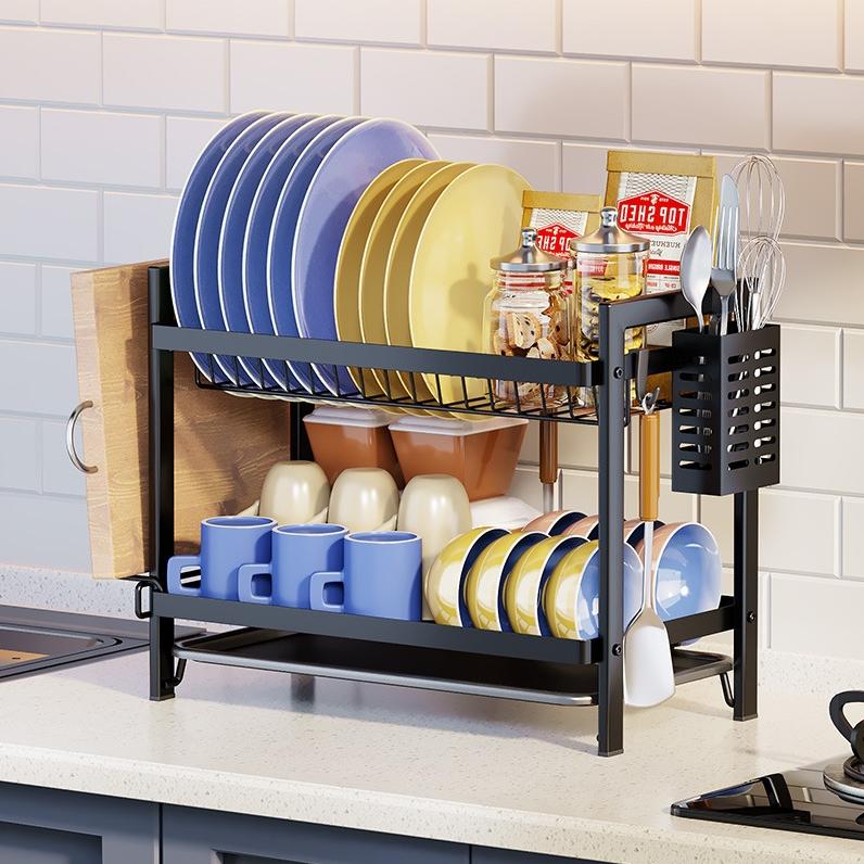 2-Tier Dish Drying Rack – Kitchen Bowl & Utensil Organizer with Drainage Tray for Sink or Countertop
