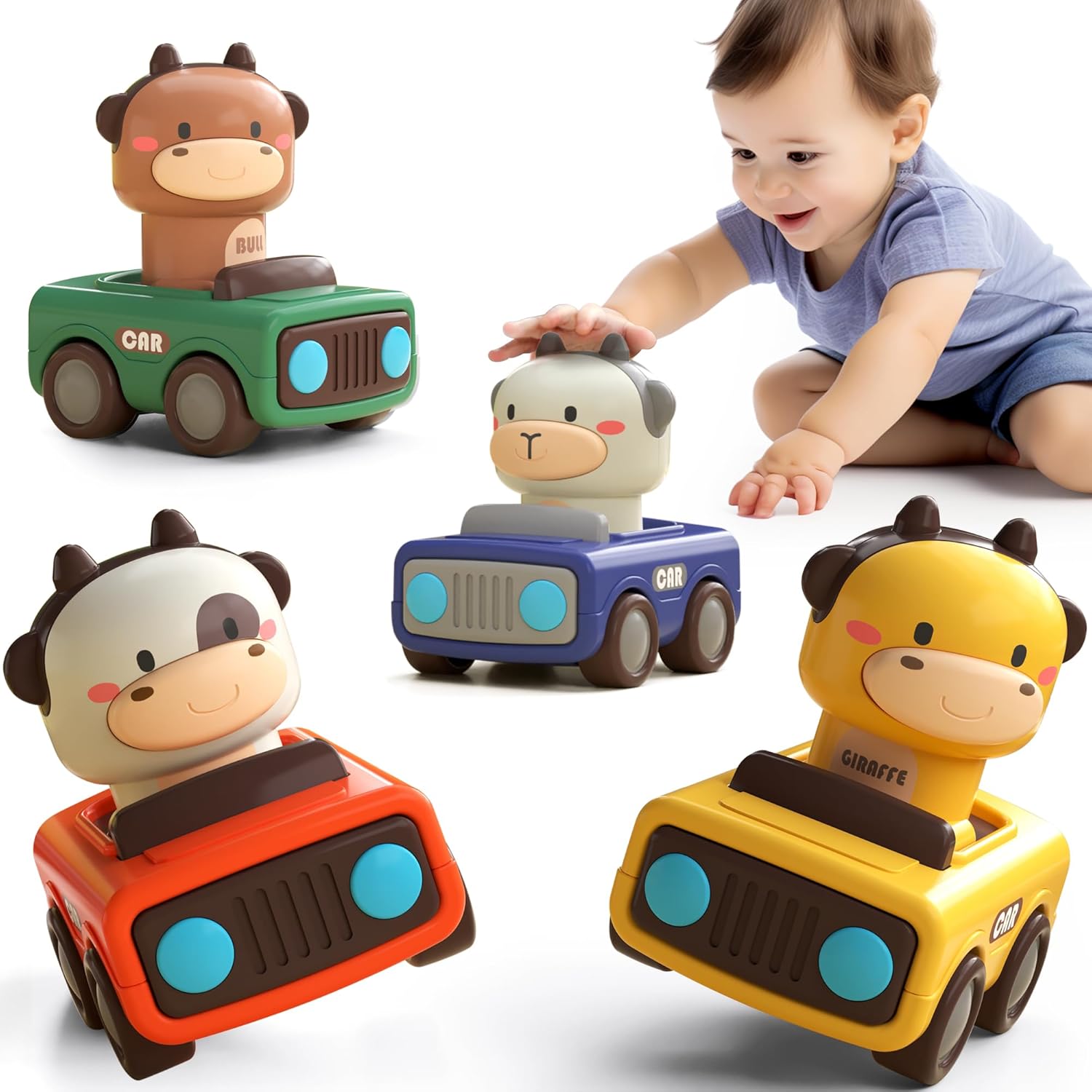 Cartoon Animal Press and Go Friction Cars for Toddlers, Baby Racing Toy Vehicles, 1st Birthday Gift