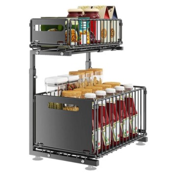 Adjustable 2-Tier Metal Kitchen Storage Rack Pull-Out Under Sink Basket Holder