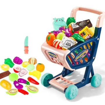 Pretend Play Kids Supermarket Shopping Cart Set with Cutting Food & Dessert Toys