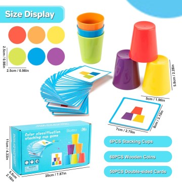 6PCS Stacking Cups Game Color Sorting Toys Wooden Coins Color Matching Montessori Toys for Kids