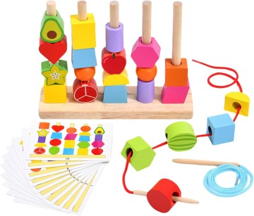 Montessori Wooden Sorting Stacking Toys Color Recognition Shape Sorter DIY Educational Beads Fruit Blocks Cards