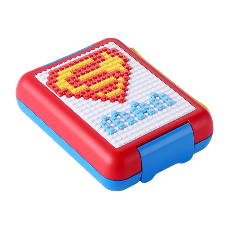 Portable DIY Building Block Lunch Box Pixel Pattern Leak Proof Bento Box for Children Students(Red Blue)
