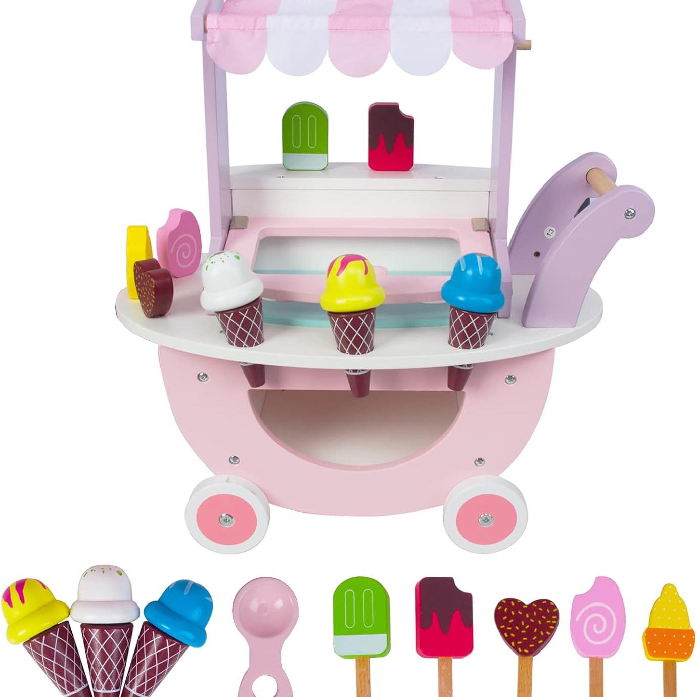 Ice Cream Cart Toy Pretend Play Shopping Pushcart for Kids Girls