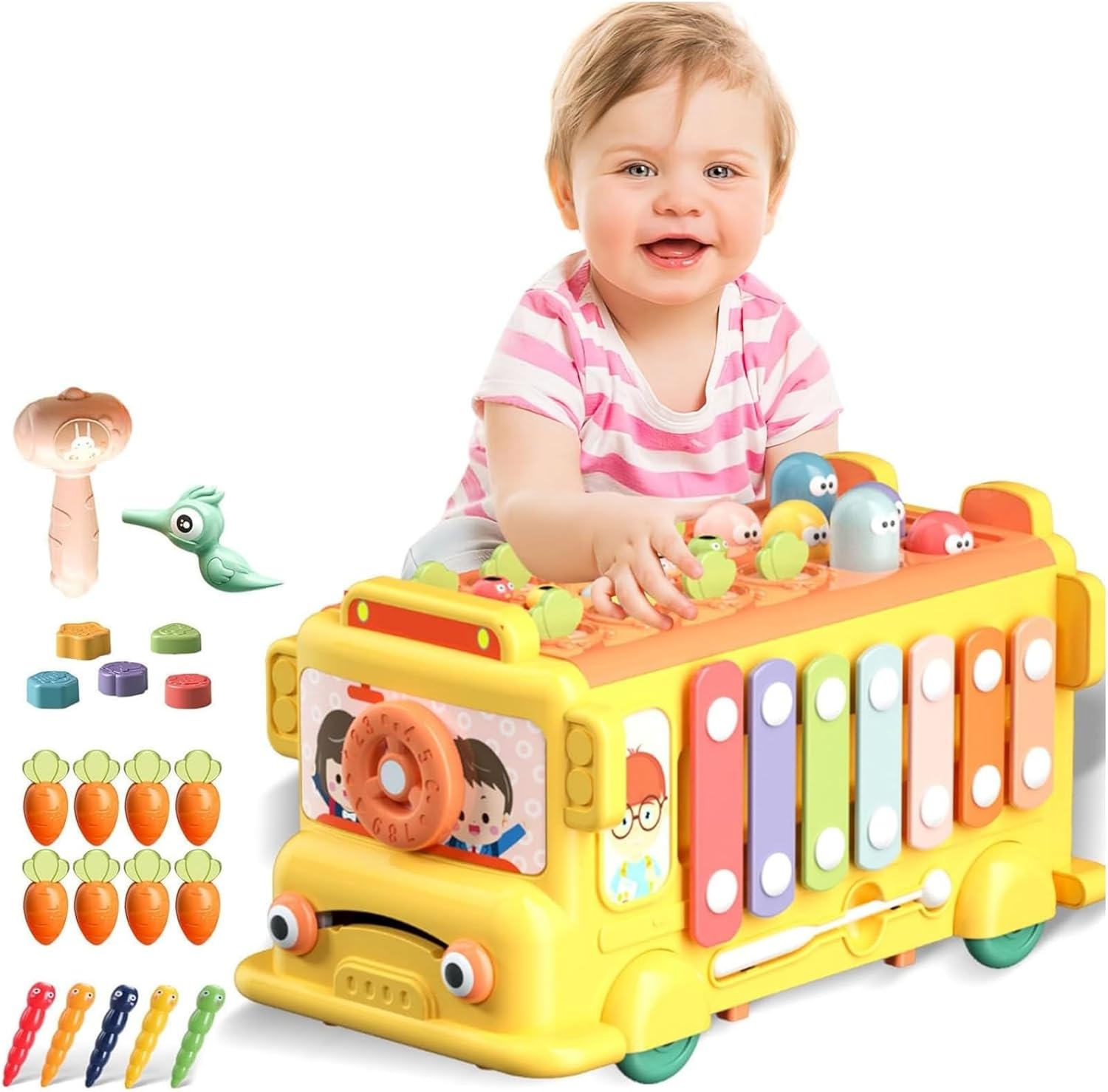 ToyMontessori Toy Baby Bus Hammering Clock Fishing Matching Game