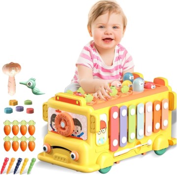 ToyMontessori Toy Baby Bus Hammering Clock Fishing Matching Game