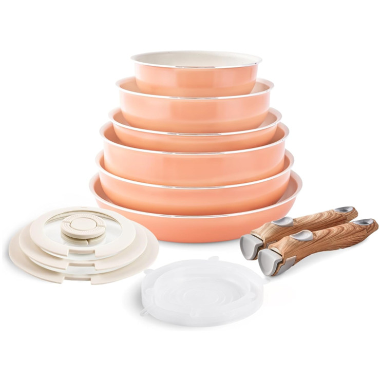 Aluminum ceramic non stick coating stackable pots and pans with removeable handles