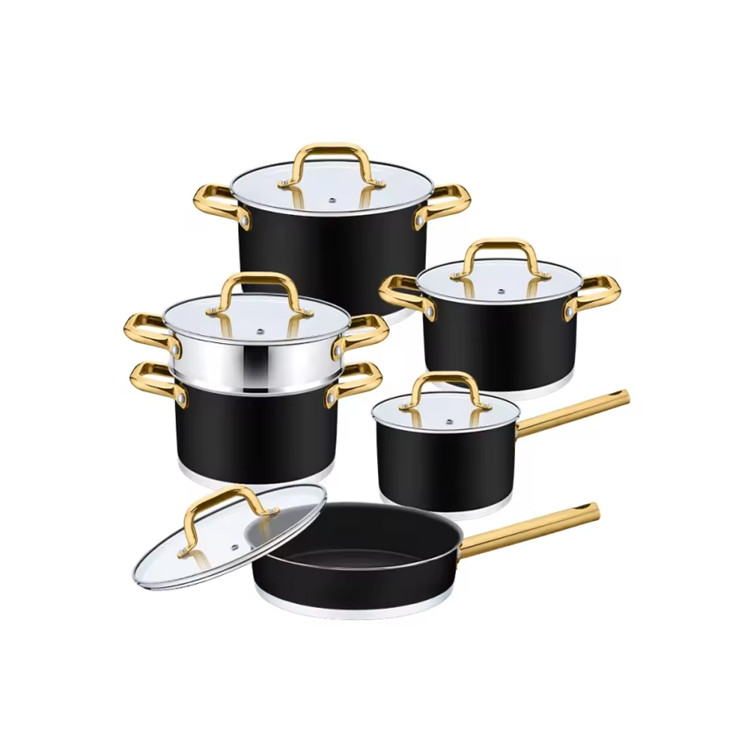 wholesale Customized straight shape folded edge capsule bottom stainless steel cookware set kitchen black non stick coating 11pcs pots and pans set