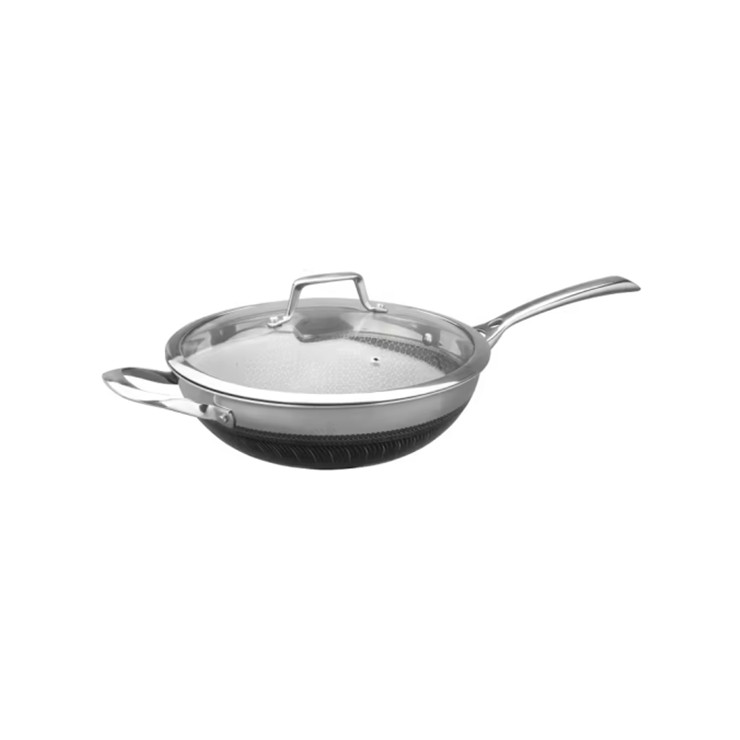 China Kitchen Commercial Energy-saving 3-ply Stainless Steel Cookware Non Stick Fry Pan Available Induction Cooker Pan Wok