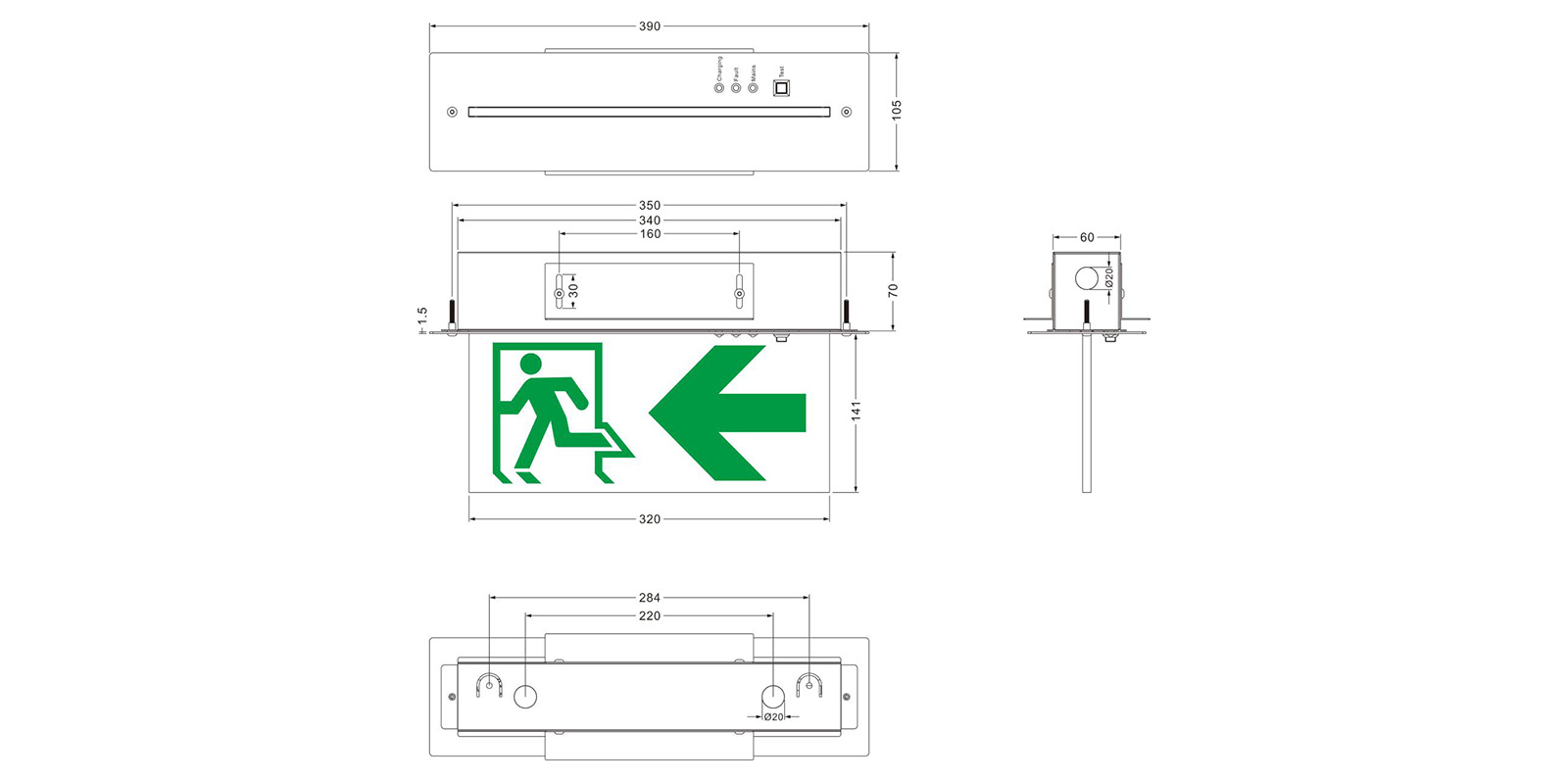 390 Recess Mounted Emergency Exit Sign