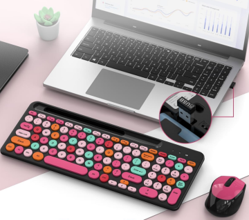 100-key color wireless keyboard and mouse set, ergonomic design, 800-1600 DPI, USB 2.4GHz, suitable for PCs/desktops.