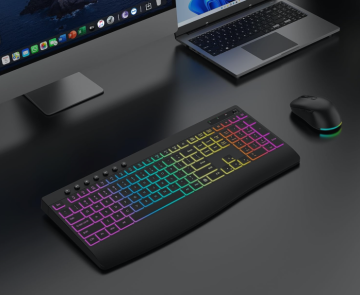 Full-size 117-key ergonomic wireless RGB backlit keyboard with 9 effects, 4000mAh battery, wrist rest, silent mouse, 2.4G combo set.