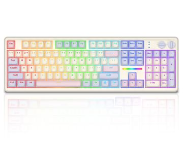104-Key mechanical gaming keyboard with RGB backlighting, padded design, and multimedia function keys.