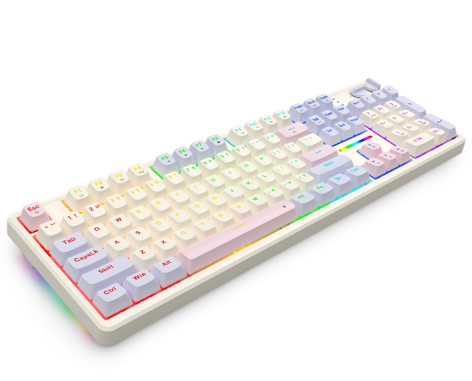 104-Key mechanical gaming keyboard with RGB backlighting, padded design, and multimedia function keys.-product