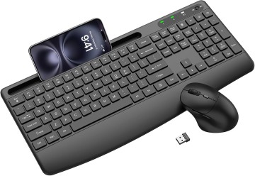 2.4G Wireless Ergonomic Keyboard and Mouse Set, 104 Keys, Silent Buttons, Wrist Rest, Phone Stand, Adjustable DPI Mouse