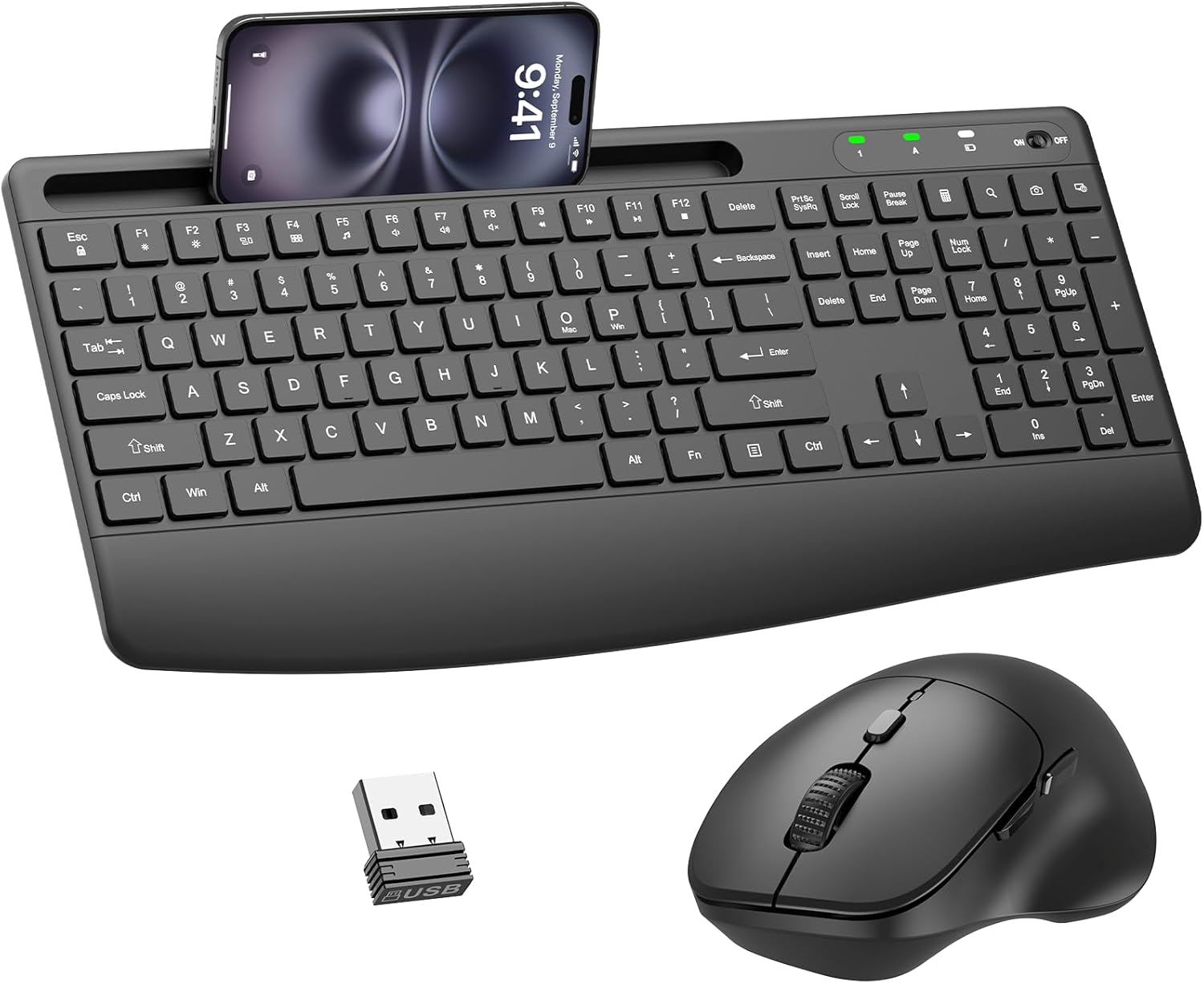 2.4G Wireless Ergonomic Keyboard and Mouse Set, 104 Keys, Silent Buttons, Wrist Rest, Phone Stand, Adjustable DPI Mouse-product