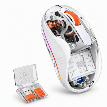 Transparent Tri-Mode Mouse — Crystal Shell, RGB, 4-Way Scroll, USB-A + Type-C Dual Receiver, 400mAh, 8 Colors | OEM/ODM