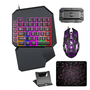 5-in-1 One-Handed RGB Gaming Combo — Mechanical Keyboard + 6400 DPI Mouse + Mobile Converter + Pad + Phone Stand | OEM/ODM