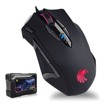 Mouse gamer ergonômico com fio, retroiluminação RGB, DPI ajustável até 10.000, 14 botões programáveis, sensor óptico, design mini e compacto para PC e laptop.