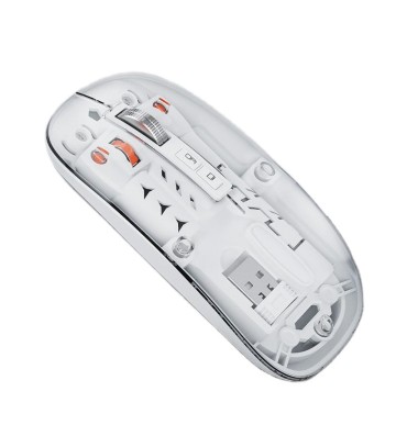 Dual-Mode Wireless Mouse 2.4G & Bluetooth, Transparent Shell, Silent Click 5 Buttons, 2400 DPI Metal Wheel, 76g Type-C Rechargeable 500mAh, CE FCC RoHS