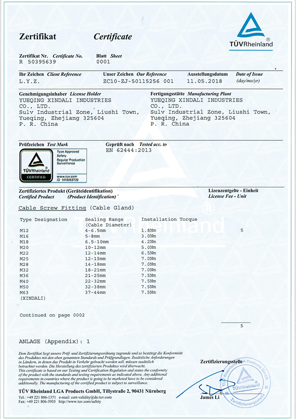 Xindali M Cable Gland TUV