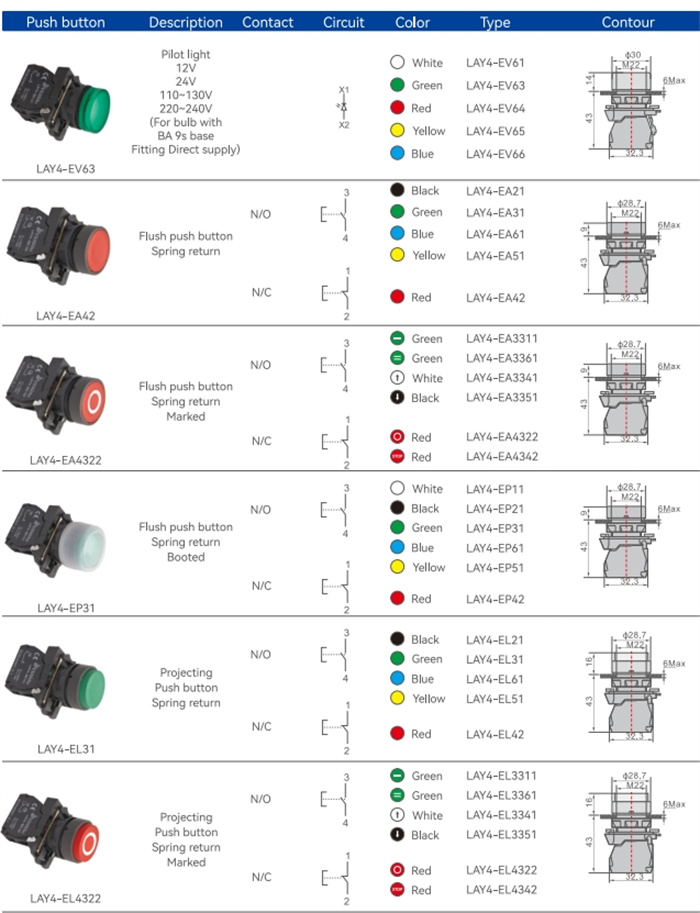LAY4 Series Push Button Switches 22mm XB (6)