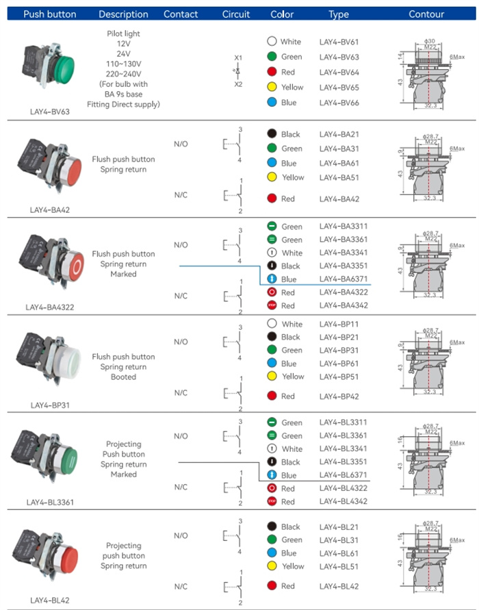 LAY4 Series Push Button Switches 22mm XB