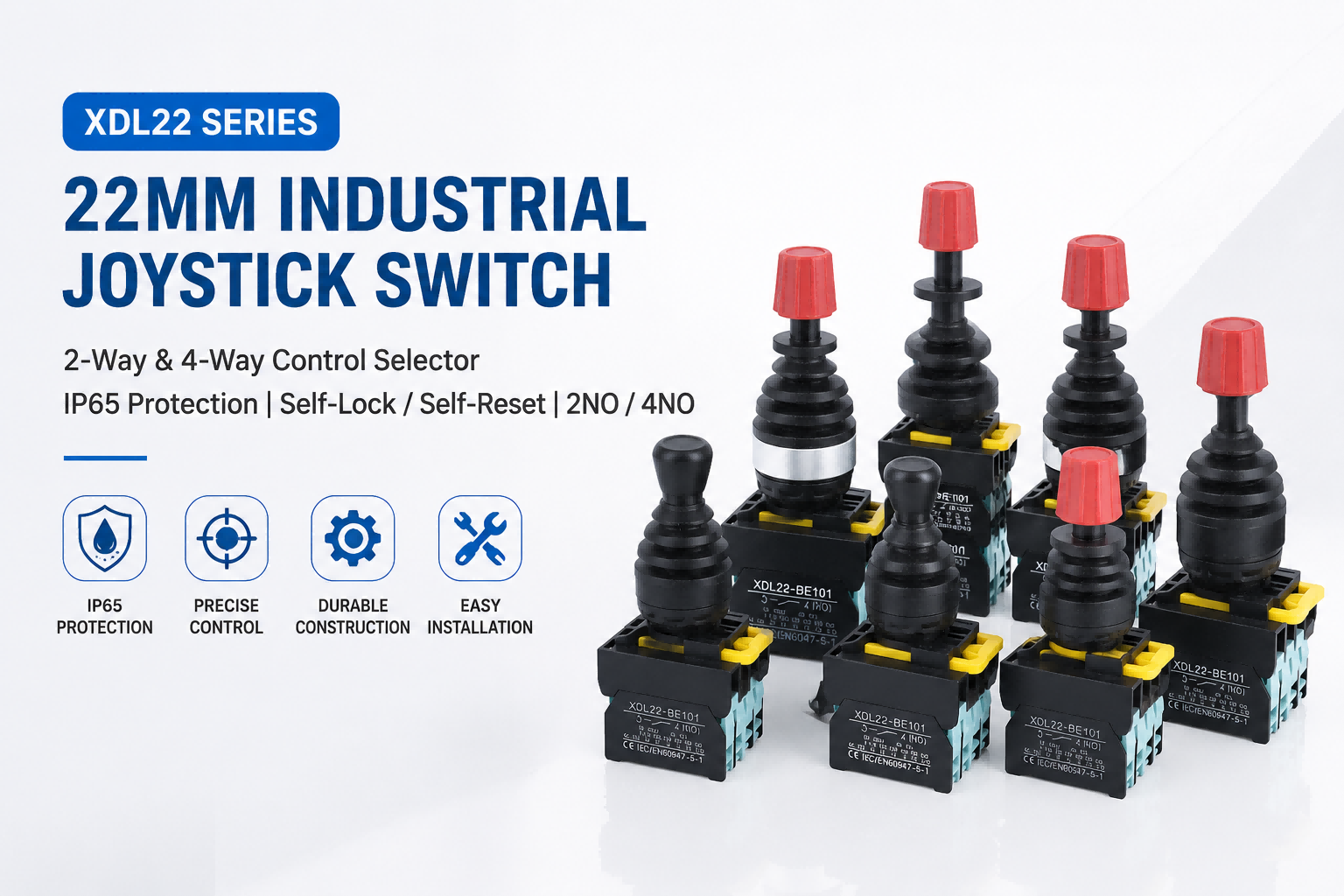 XDL22 Series 22mm Industrial Joystick Switch | IP65 2-Way & 4-Way Control Selector