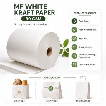 Food Grade MF White Kraft Paper Roll For Paper Bags |80gsm High Bulk White Kraft Paper