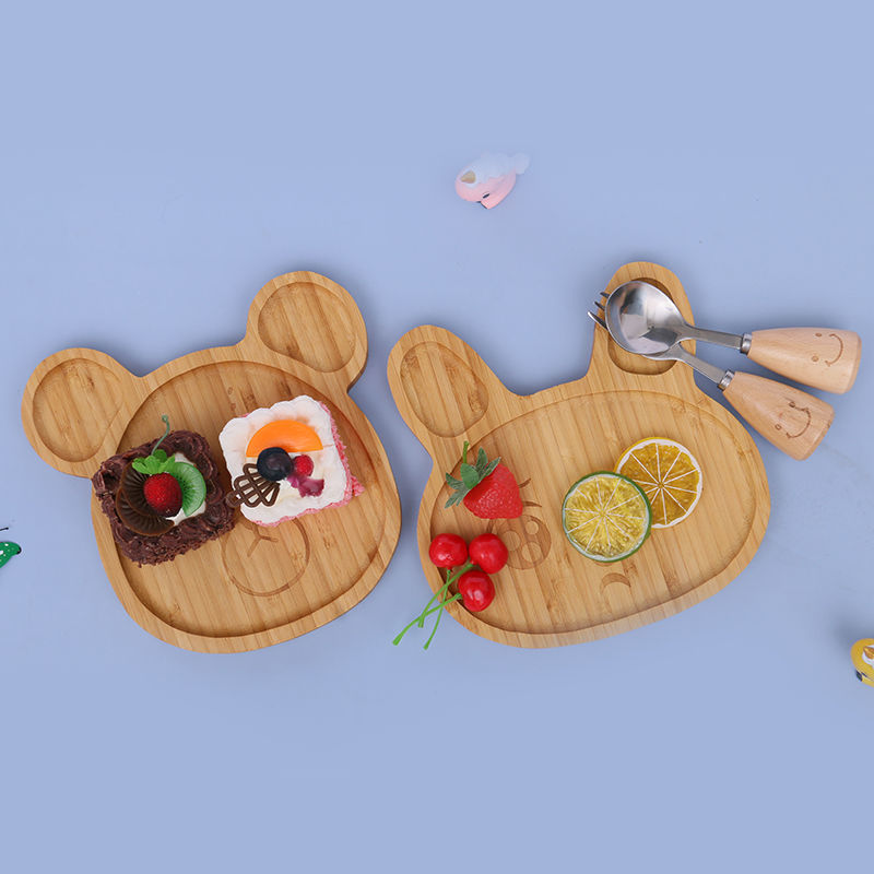 Children's Anti Falling Wooden Dinner Plate Cartoon Creative Tray Fork Spoon Set Fruit Dim Sum Snack Solid Wood Plate (7)