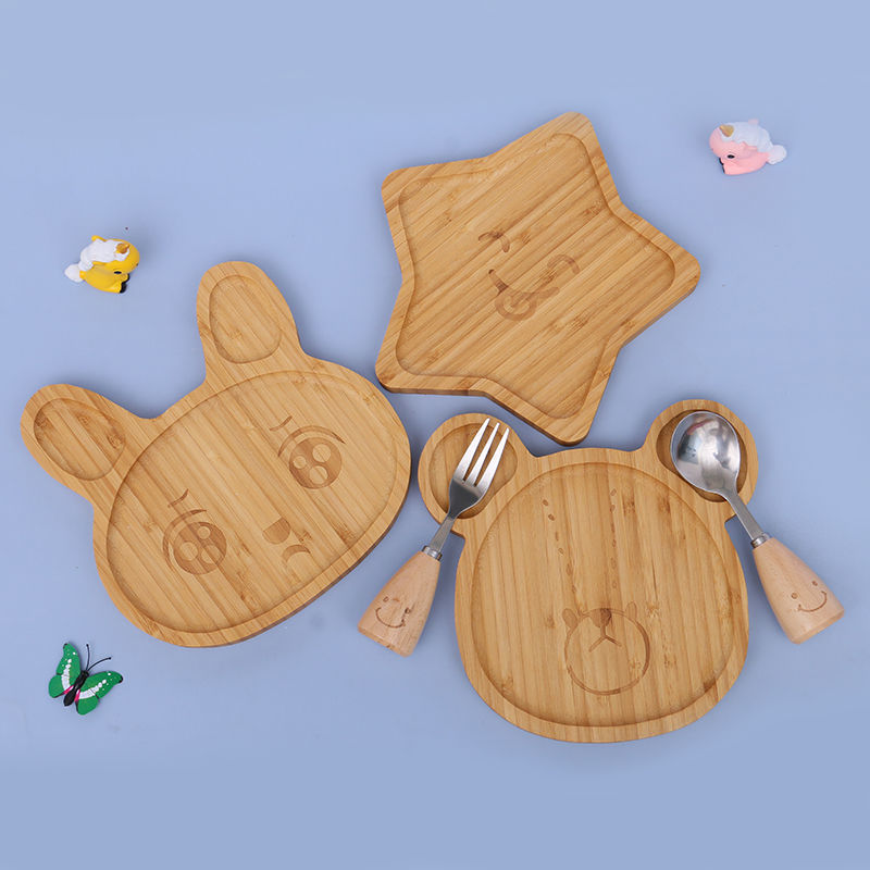 Children's Anti Falling Wooden Dinner Plate Cartoon Creative Tray Fork Spoon Set Fruit Dim Sum Snack Solid Wood Plate (8)