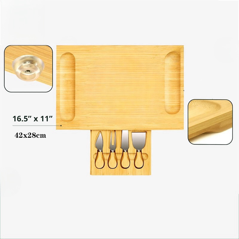 Creative Acacia Cheese Tray Household Afternoon Tea Dessert Bamboo Tray Table with Knife and Fork Invisible Drawer Chopping Board Set (20)