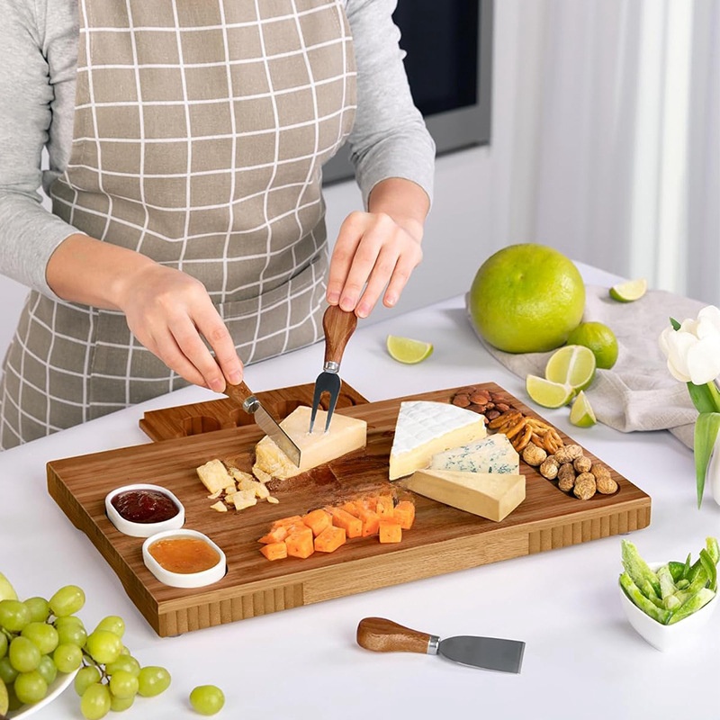 Creative Acacia Cheese Tray Household Afternoon Tea Dessert Bamboo Tray Table with Knife and Fork Invisible Drawer Chopping Board Set (21)