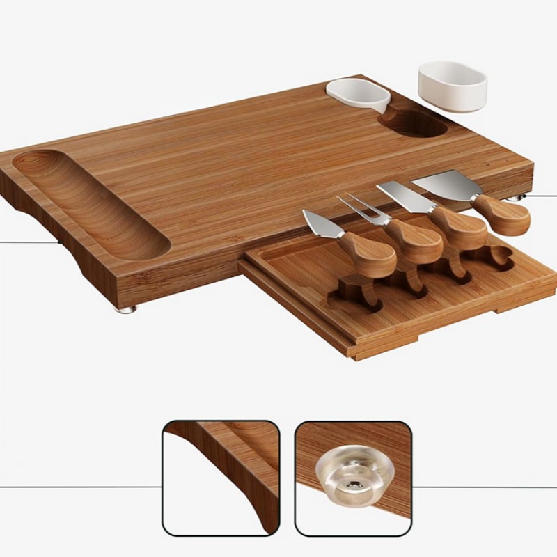 Creative Acacia Cheese Tray Household Afternoon Tea Dessert Bamboo Tray Table with Knife and Fork Invisible Drawer Chopping Board Set (23)