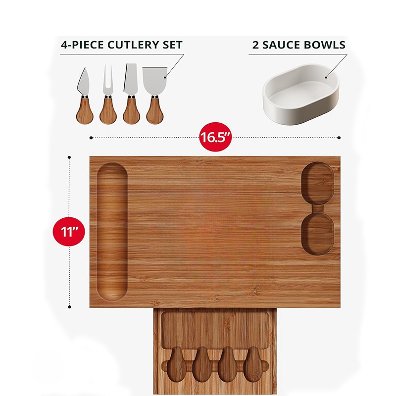 Creative Acacia Cheese Tray Household Afternoon Tea Dessert Bamboo Tray Table with Knife and Fork Invisible Drawer Chopping Board Set (24)