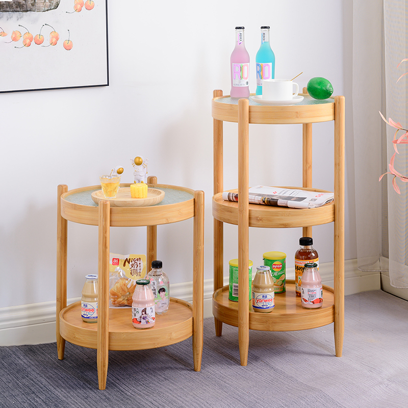 Double-layer storage rack floor-standing multi-layer sofa rack balcony flower rack side table movable bamboo side cabinet wooden (14)