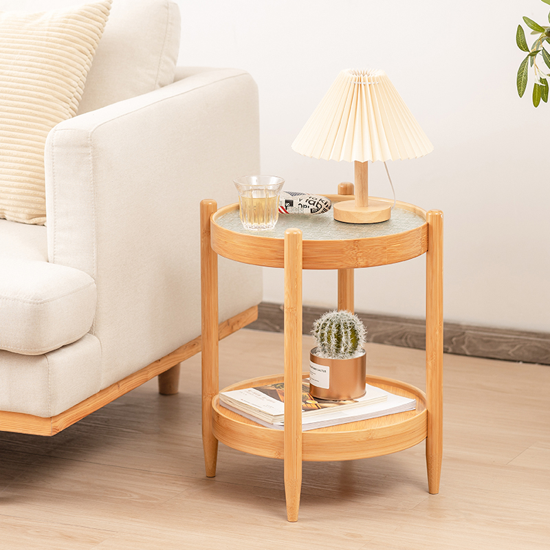 Double-layer storage rack floor-standing multi-layer sofa rack balcony flower rack side table movable bamboo side cabinet wooden (15)