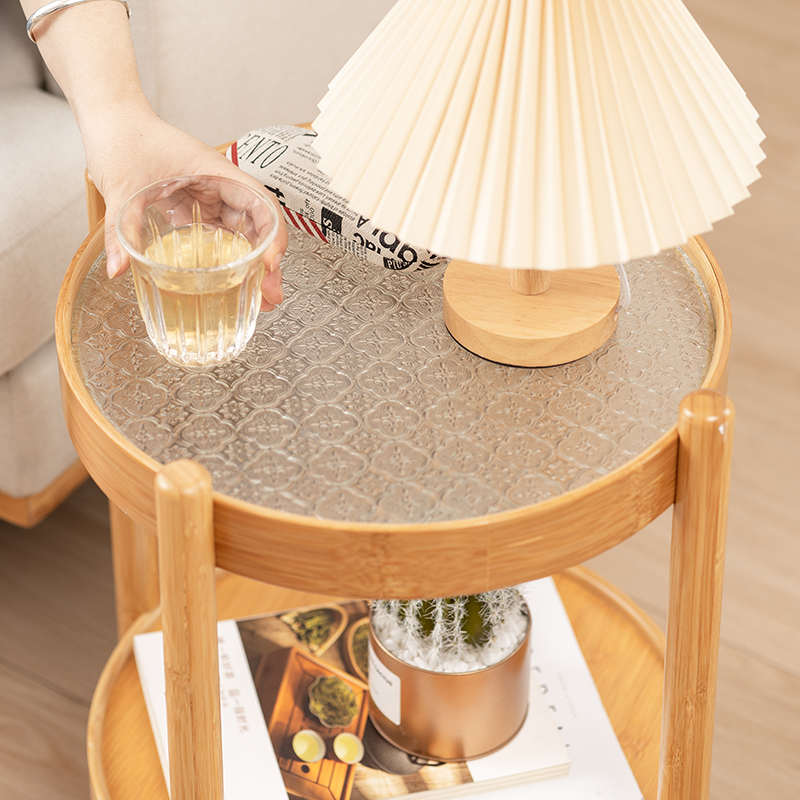 Double-layer storage rack floor-standing multi-layer sofa rack balcony flower rack side table movable bamboo side cabinet wooden (16)