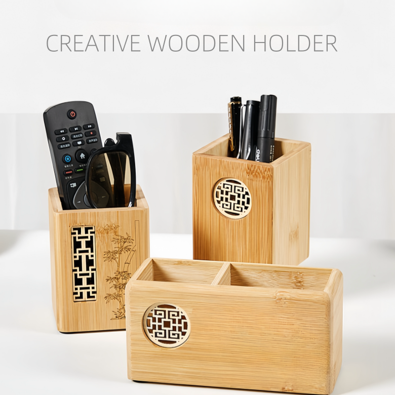 Light Luxury High-Grade Bamboo Pen Holder Student Personalized Learning Supplies Commercial Gifts Office Desktop Creative Storage Box Custo