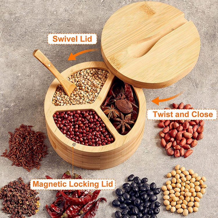 Multi-Grid Bamboo Salt Jar Seasoning Box Kitchen Seasoning Storage With Lid And Spoon Simple Multi-Functional Fashion Jar (10)