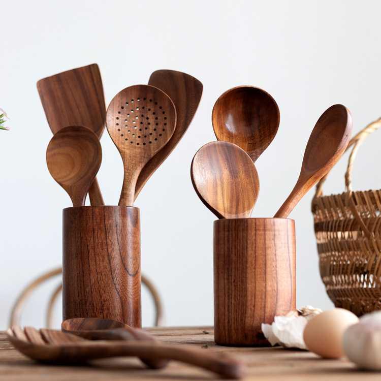 Natural Solid Wood Non Stick Pan Special Frying Pan Shovel Wooden Shovel Wooden Spoon Soup Spoon Wooden Cooking Utensils (6)