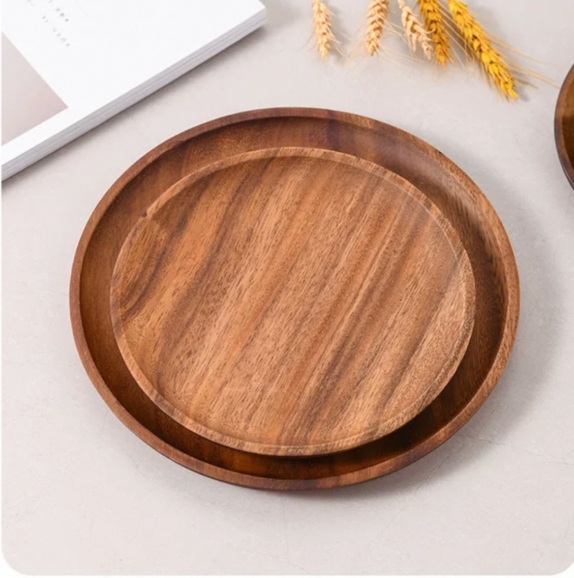Acacia Wood Fruit Plate-Solid Wood Round Plate-Dish Tray (6)