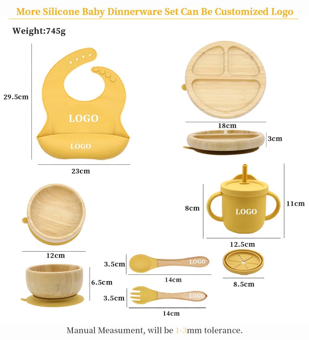 Bamboo children's bib round dinner plate bowl with silicone suction cup strong suction water cup baby food tableware set (5)